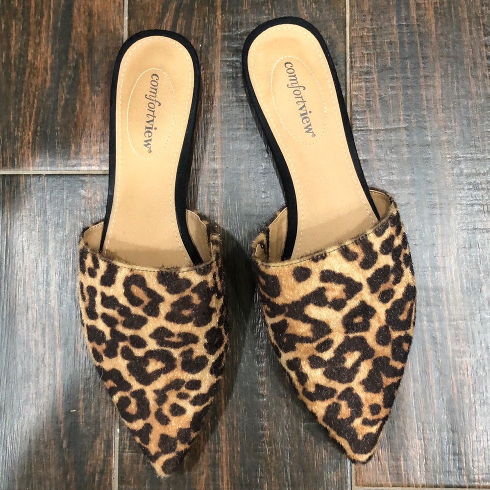 Faux fur faux hide slip on mule leopard
